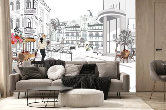 Fototapeta: Series of the street cafes with fashion people, men and women,