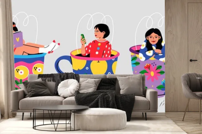 Fototapeta: Set of three cute girls sitting in the giant cups with floral