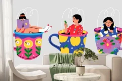 Fototapeta: Set of three cute girls sitting in the giant cups with floral