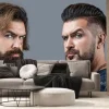 Fototapeta: Shaving, hairstyling. beard, shave before, after. long beard