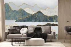 Fototapeta: Silhouettes of mountains with river and moon. abstraction of