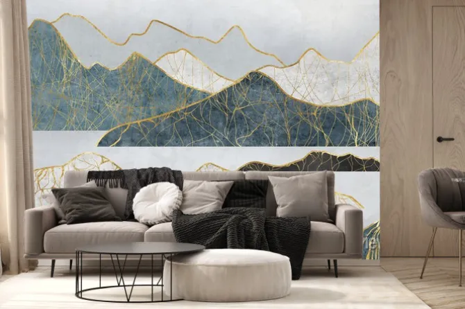 Fototapeta: Silhouettes of mountains with river and moon. abstraction of