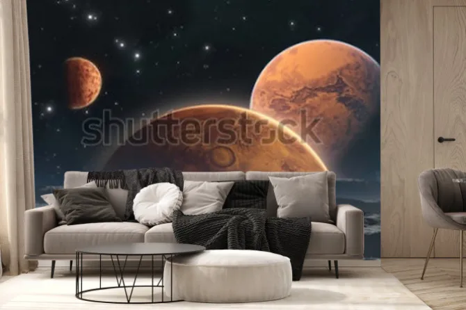 Fototapeta: Skaliste planety i księżyc, astronautyczny tło. 3d ilustracji