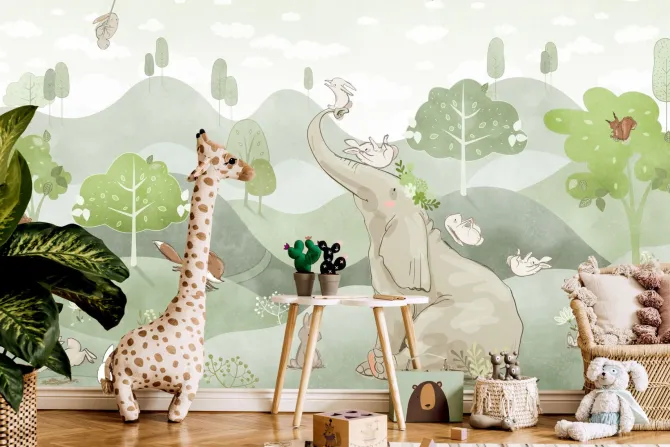 Fototapeta: Słoń i lis na zielonych wzgórzach