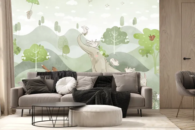 Fototapeta: Słoń i lis na zielonych wzgórzach