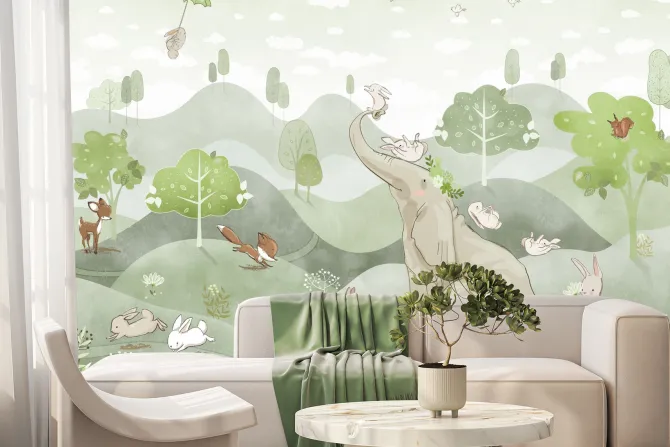 Fototapeta: Słoń i lis na zielonych wzgórzach