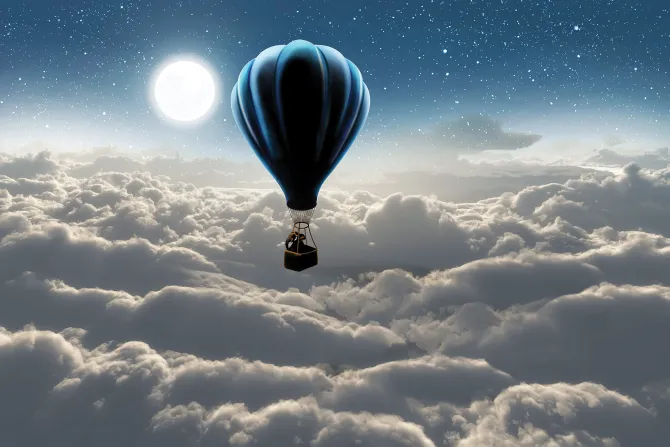 Fototapeta: Słoń w balonie unoszący się nad chmurami