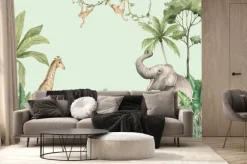 Fototapeta: Słoń żyrafa wiszące małpki i zielona dżungla