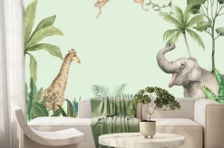 Fototapeta: Słoń żyrafa wiszące małpki i zielona dżungla