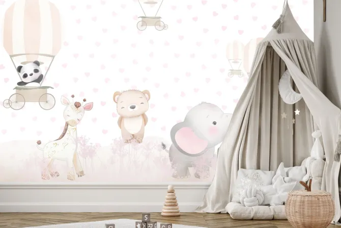 Fototapeta: Słoń z żyrafą na łące wśród serce