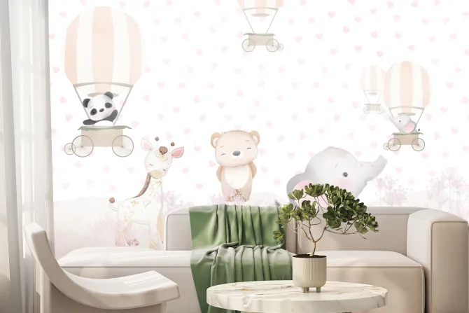 Fototapeta: Słoń z żyrafą na łące wśród serce