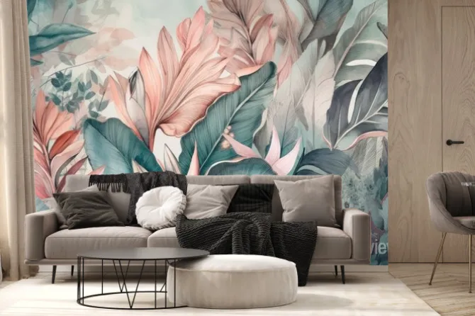 Fototapeta: Soft colored tropical leaf wallpaper, banana plants, mural art,