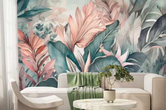 Fototapeta: Soft colored tropical leaf wallpaper, banana plants, mural art,
