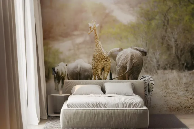 Fototapeta: Słonie idące z żyrafą i zebrą