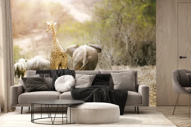 Fototapeta: Słonie idące z żyrafą i zebrą