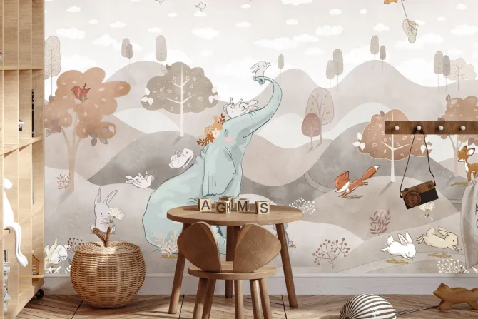 Fototapeta: Słonik i leśne zwierzątka w bajkowej akwarelowej scenerii