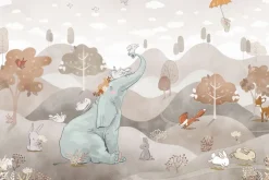 Fototapeta: Słonik i leśne zwierzątka w bajkowej akwarelowej scenerii