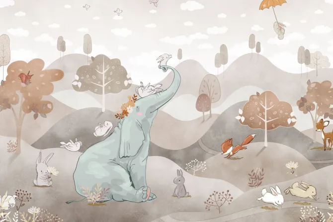 Fototapeta: Słonik i leśne zwierzątka w bajkowej akwarelowej scenerii