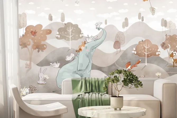 Fototapeta: Słonik i leśne zwierzątka w bajkowej akwarelowej scenerii