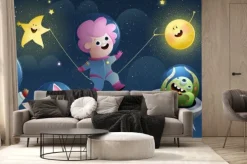 Fototapeta: Space travel with kids, dog and cat, ufo alien. baby cosmonaut