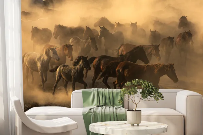 Fototapeta: Stado koni pędzące przez rozległe pole