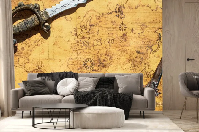 Fototapeta: Stara mapa skarbu z mieczem i pistoletem muszkietu.