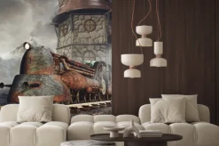 Fototapeta: Stara zardzewiała lokomotywa na tle wieży