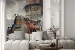 Fototapeta: Stara zardzewiała lokomotywa na tle wieży