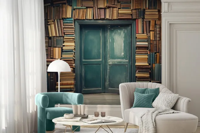 Fototapeta: Stare drzwi na ścianie z książkami