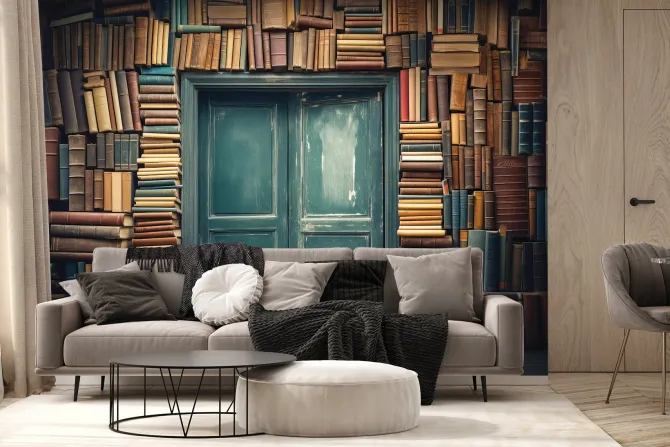 Fototapeta: Stare drzwi na ścianie z książkami