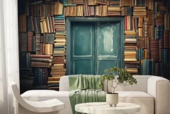 Fototapeta: Stare drzwi na ścianie z książkami