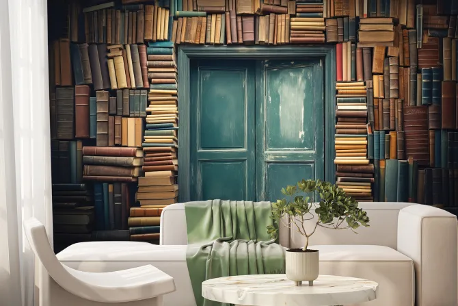 Fototapeta: Stare drzwi na ścianie z książkami