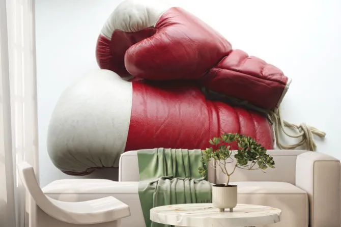 Fototapeta: Stare rękawice bokserskie czerwony i biały na jasnym tle