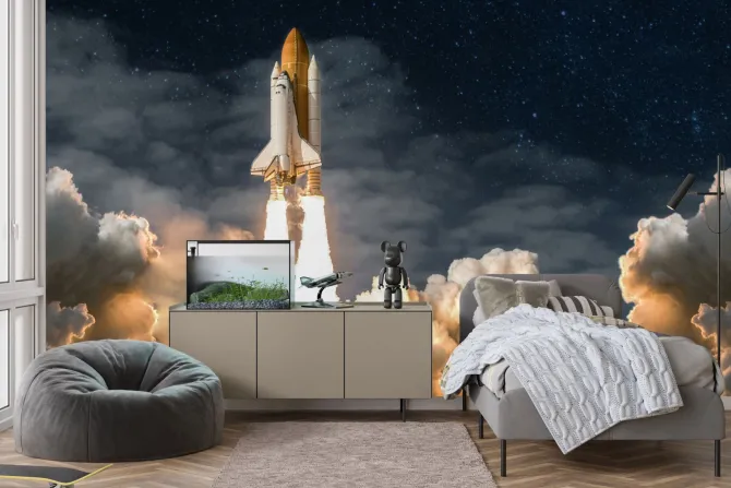 Fototapeta: Start statku kosmicznego nocą wśród chmur