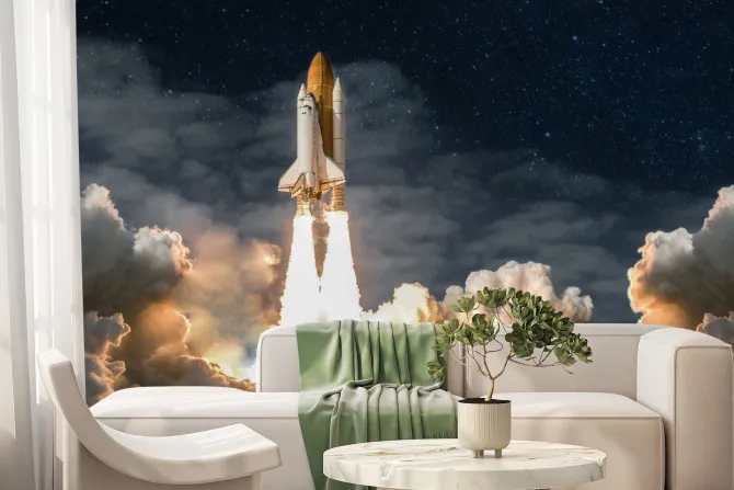 Fototapeta: Start statku kosmicznego nocą wśród chmur