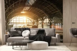 Fototapeta: Stary dworzec kolejowy z pociągiem i lokomotywą na peronie