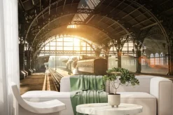 Fototapeta: Stary dworzec kolejowy z pociągiem i lokomotywą na peronie