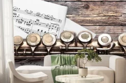 Fototapeta: Stary flet z muzyką arkusza na zardzewiałych desek