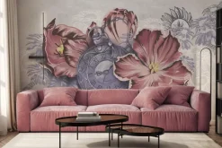 Fototapeta: Stary zegar wśród różowych kwiatów