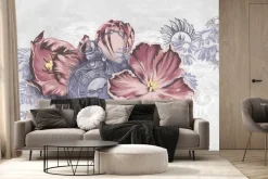 Fototapeta: Stary zegar wśród różowych kwiatów