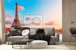 Fototapeta: Statek i wieża eiffla o zachodzie słońca