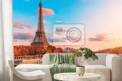 Fototapeta: Statek i wieża eiffla o zachodzie słońca