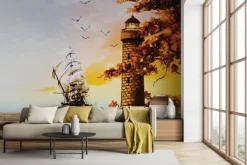 Fototapeta: Statek na morzu płynący obok latarni morskiej