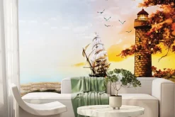 Fototapeta: Statek na morzu płynący obok latarni morskiej