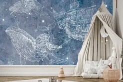 Fototapeta: Statek z wielorybami na gwiezdnym niebie abstrakcyjny wzór dziecięcy