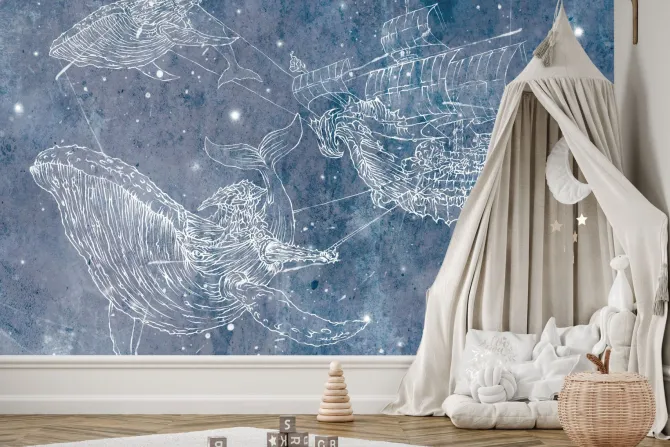 Fototapeta: Statek z wielorybami na gwiezdnym niebie abstrakcyjny wzór dziecięcy