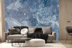 Fototapeta: Statek z wielorybami na gwiezdnym niebie abstrakcyjny wzór dziecięcy