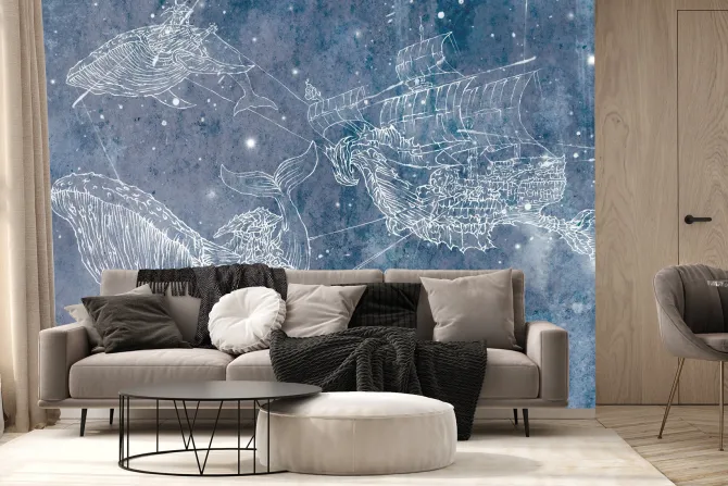 Fototapeta: Statek z wielorybami na gwiezdnym niebie abstrakcyjny wzór dziecięcy