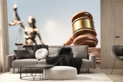 Fototapeta: Statue of lady justice on bright background - side view with