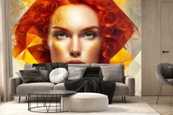 Fototapeta: Striking portrait of a beautiful woman with curly red hair and